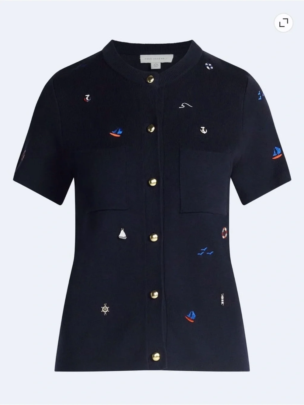 NWT Free Assembly Small Navy Nautical Embroidered Short Sleeve Cardigan Sweater